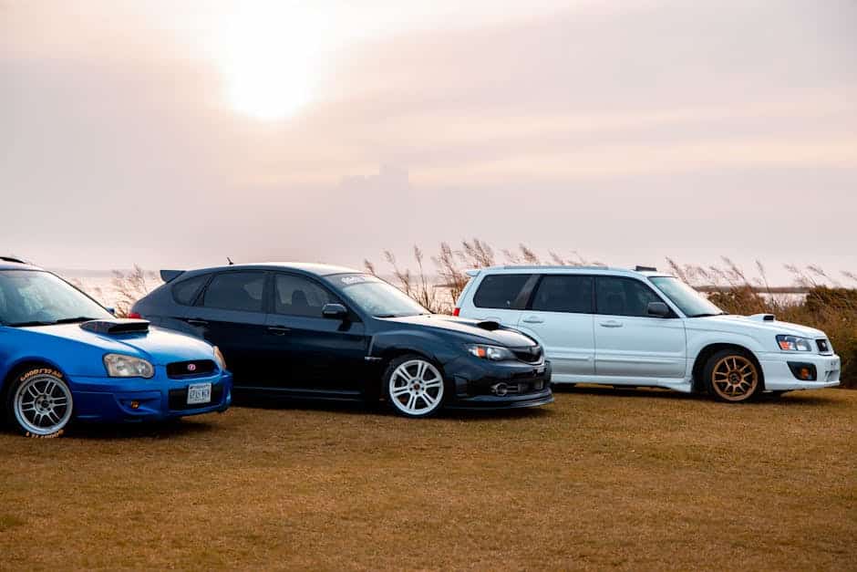 Three Subaru cars parked on a grassy field during sunset, suggesting a relaxing automotive scene.