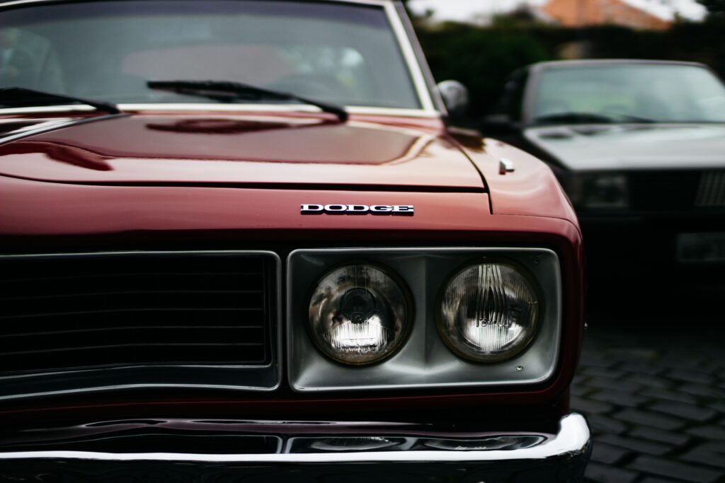 Close-up of a classic Dodge muscle car in Curitiba, Brazil.